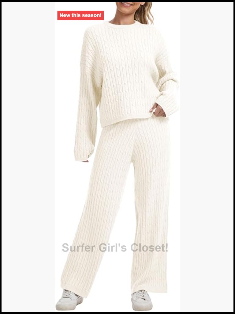 Cable Knit Sweater Lounge Set With Wide Leg Pants